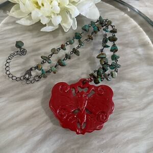 NEW Sundance Southwestern Carved Red Coral Butterfly Turquoise Pendant Necklace